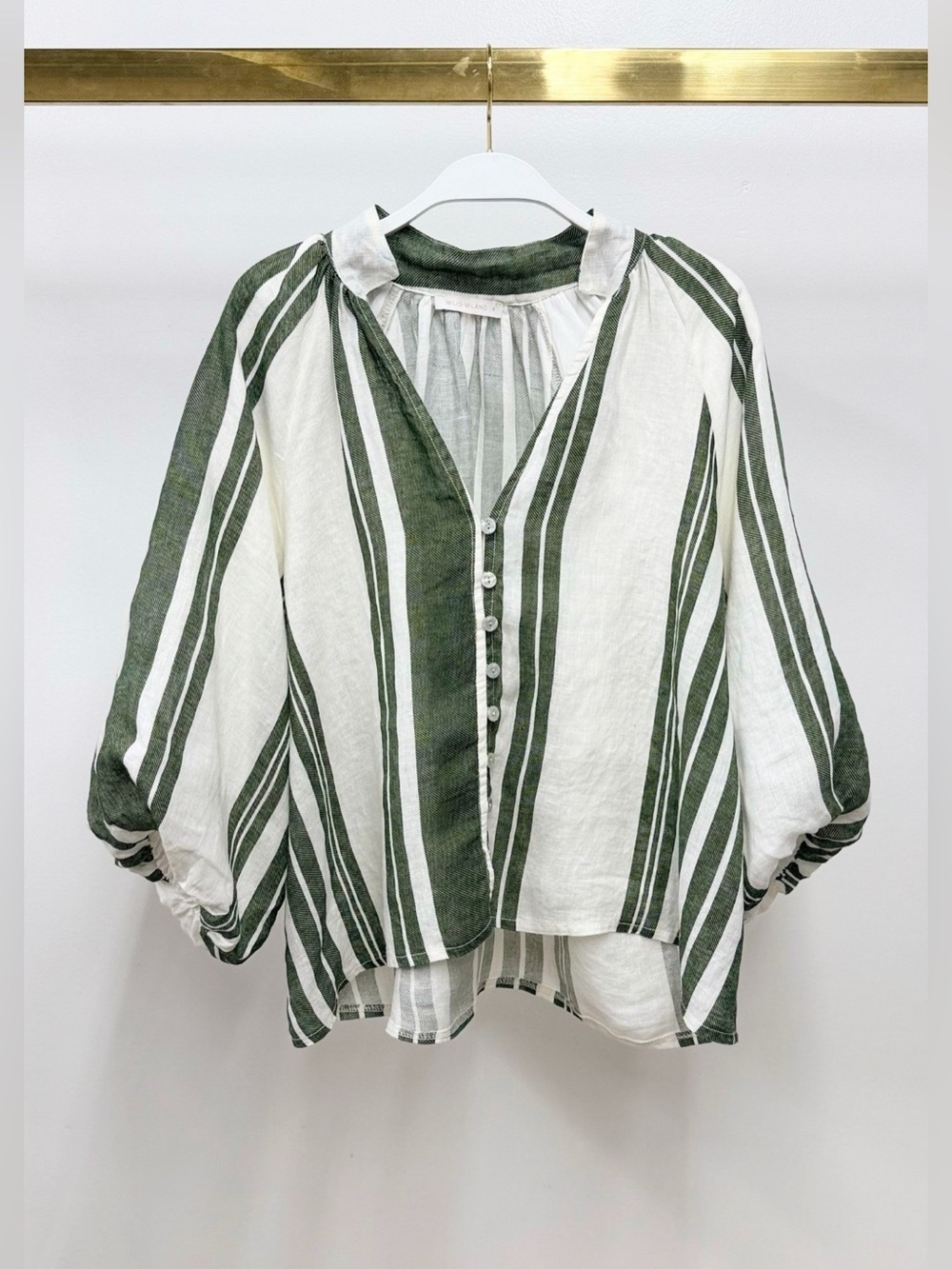 (155130-1-STRIPE-W/G) STRIPE LINEN BALLOON SLEEVE V-NECK BLOUSE
